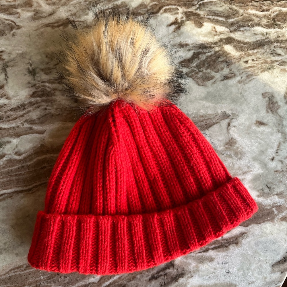 Jcrew red beanie with fur